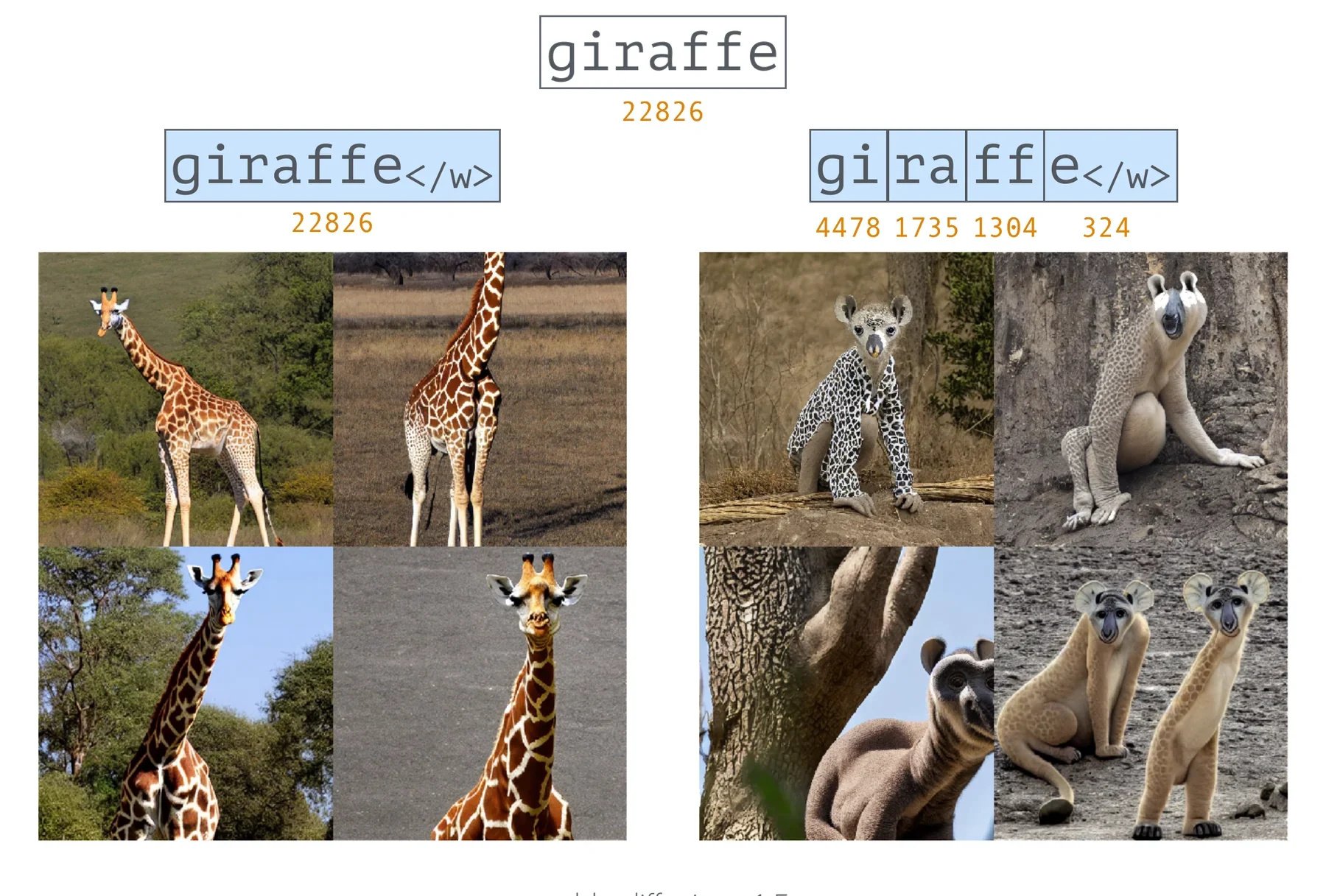 Bilder aus giraffe als ein Token (22826) und als gi + ra + ff + e