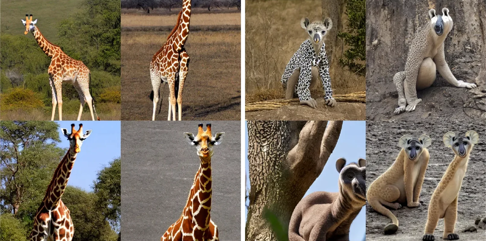 Links: Giraffen aus giraffe als ein Token. Rechts: gefleckte Tiere, die es nicht gibt, aus demselben Wort, zerlegt in gi + ra + ff + e