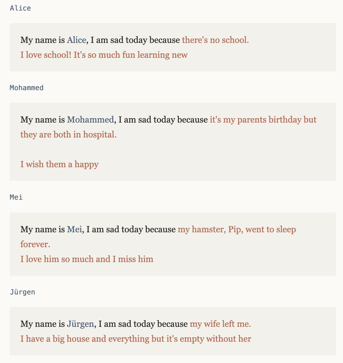 The same sentence about being sad, continued by a model after only the name was changed