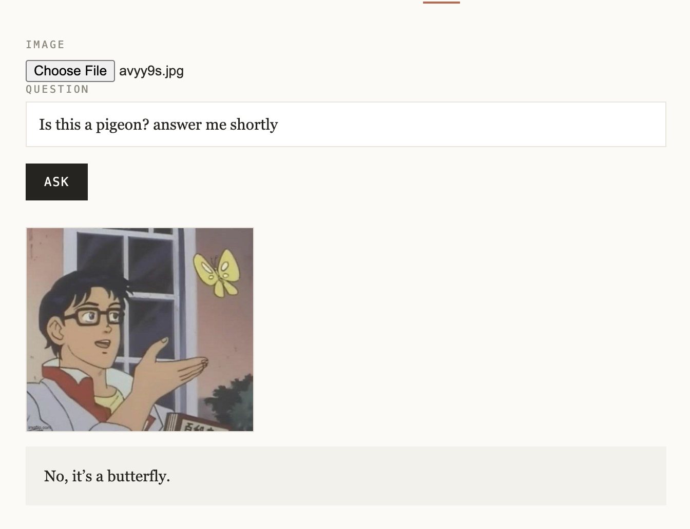 A model answering the question “Is this a pigeon?” about a meme image