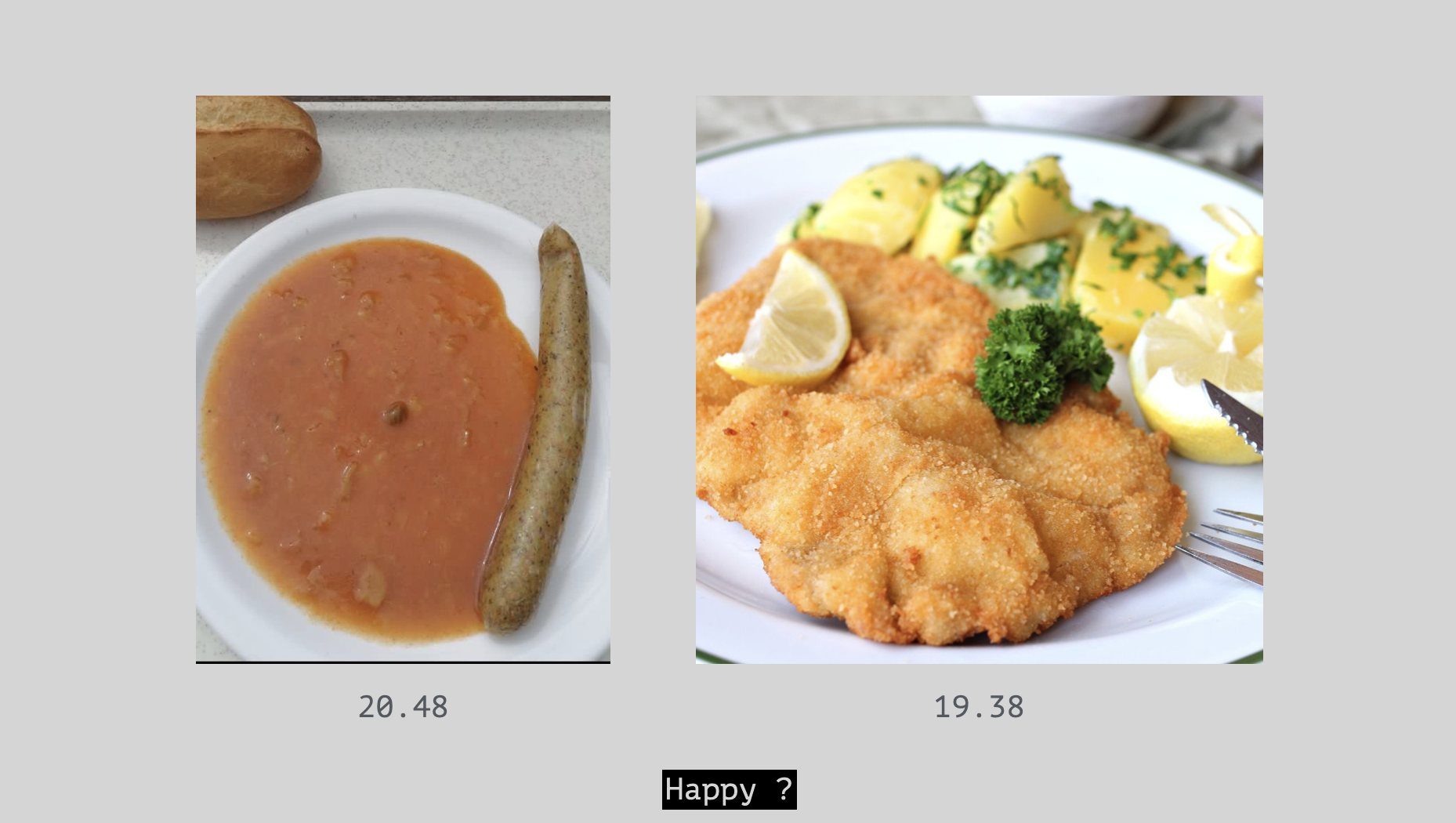 Two food photos scored against the word “happy”: a plate of soup with a sausage (20.48) and a schnitzel (19.38)