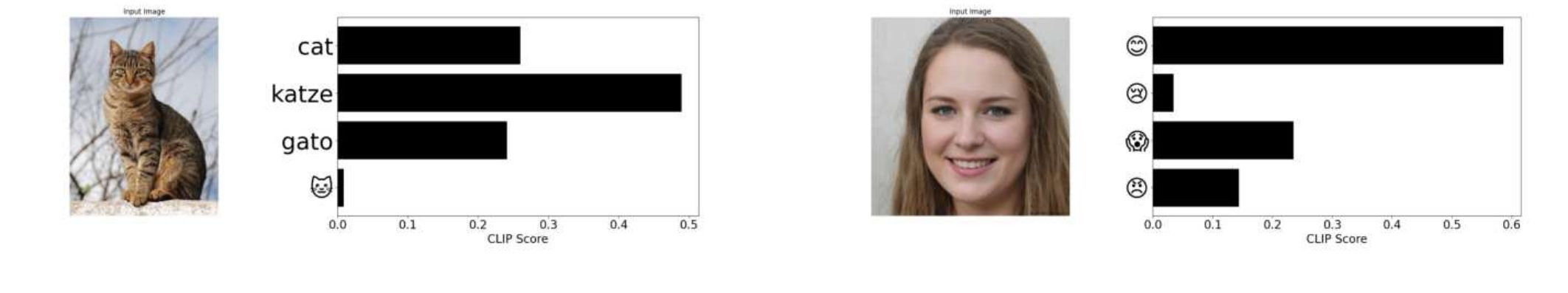 CLIP scores for a cat photo against “cat”, “katze” and “gato”, and for a generated face against four emojis