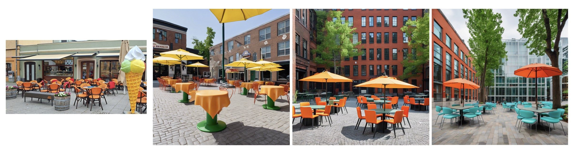 An ice-cream café terrace drifting through three descriptions into a courtyard with turquoise chairs