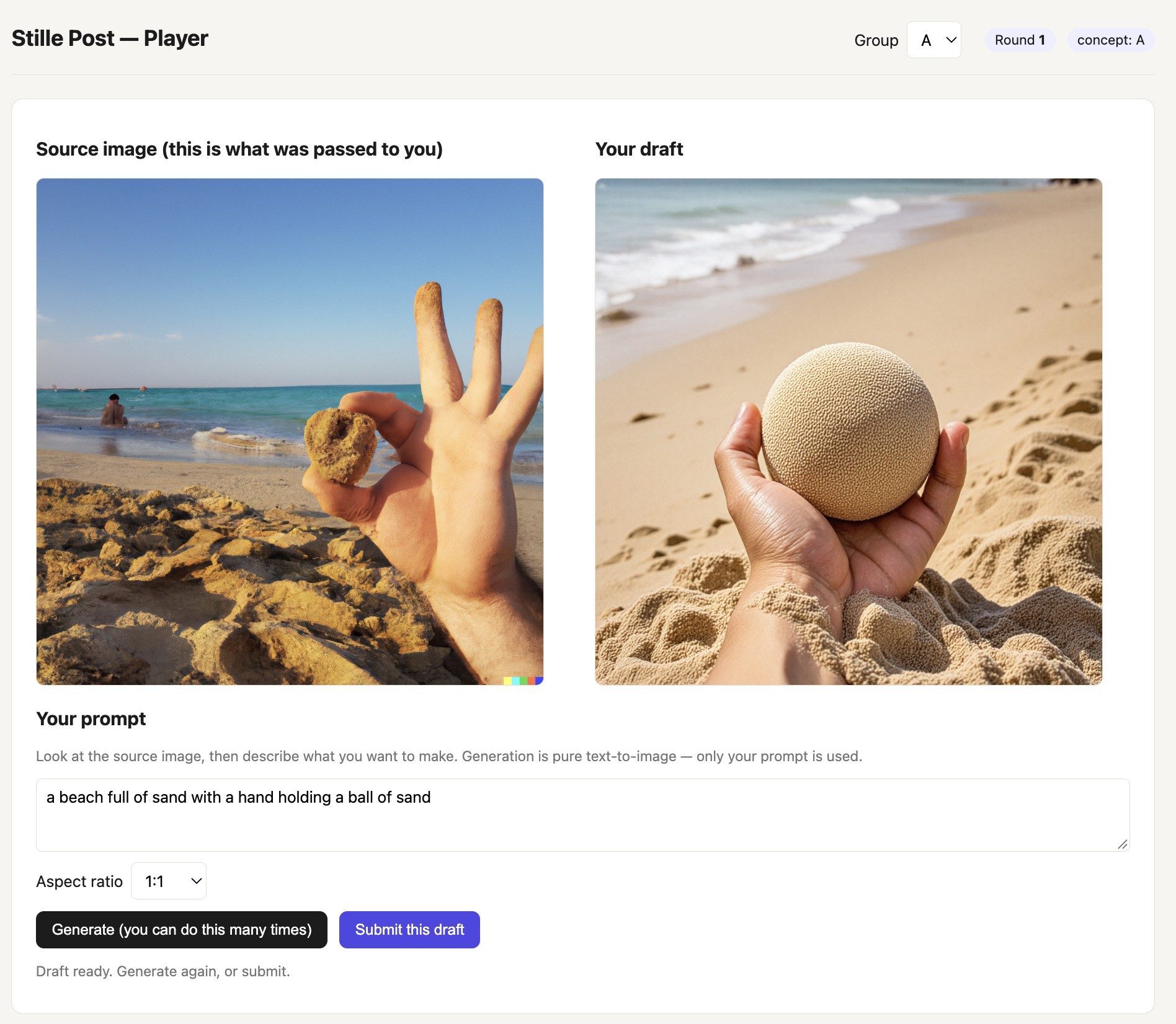 The player screen of the web app: the given image, the group’s prompt and the generated draft